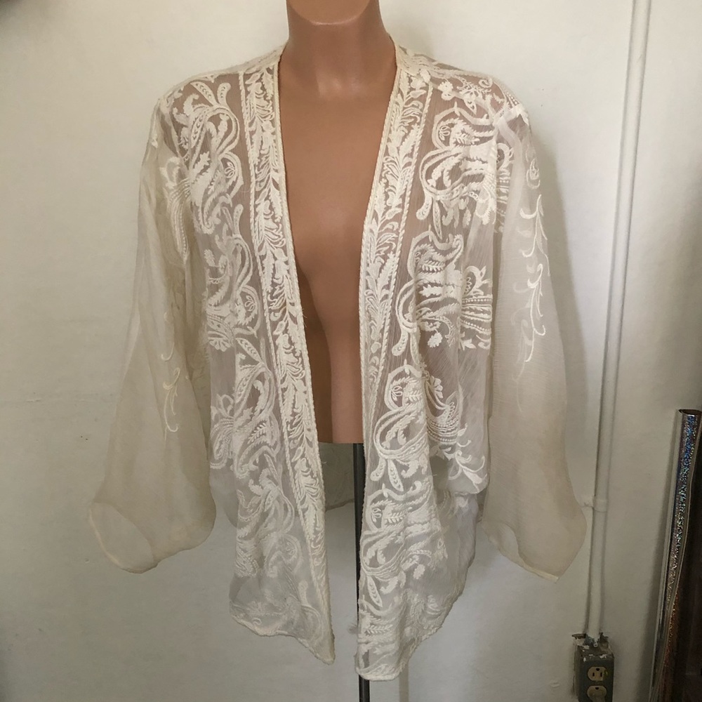 anthropologie white silk sheer floral cape size L